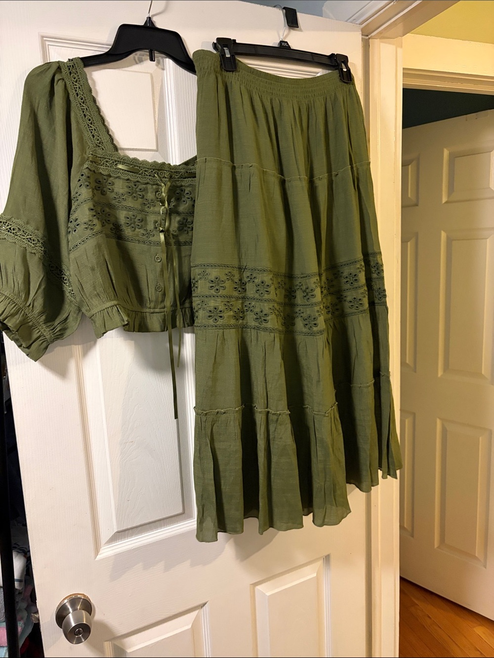 Olive Green Boho Tiered Midi Skirt Set - Women